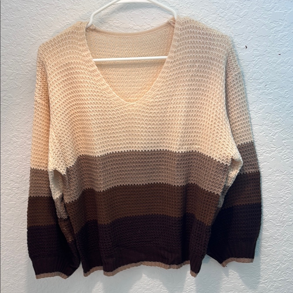 Striped V-Neck Sweater - Cream and Brown